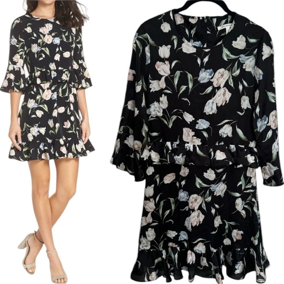 NEW Avec Les Filles Black and Floral Print Ruffle Mini Dress Women's Size 2 - Picture 2 of 11